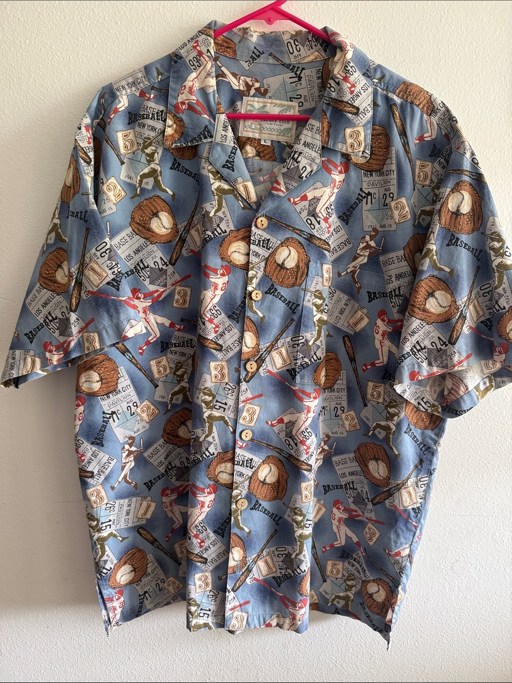 Men's Blue Baseball Print Camp Shirt size large